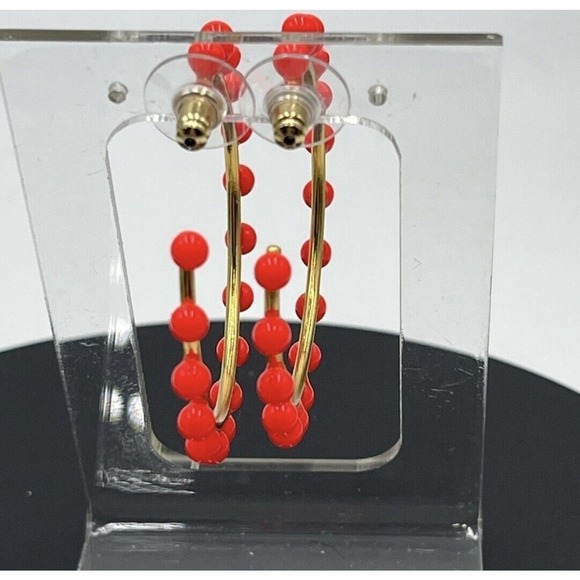 J. Crew Neon Orange Beaded Gold Tone Hoop Earrings - Picture 5 of 13